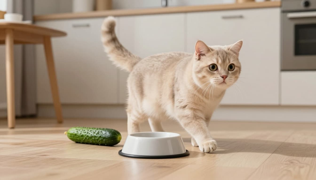 A light beige tabby cat with wide surprised eyes jumps slightly away from its food bowl on a light wooden floor in a bright Scandinavian kitchen. A fresh green cucumber lies behind it on the floor, mimicking a sudden appearance.