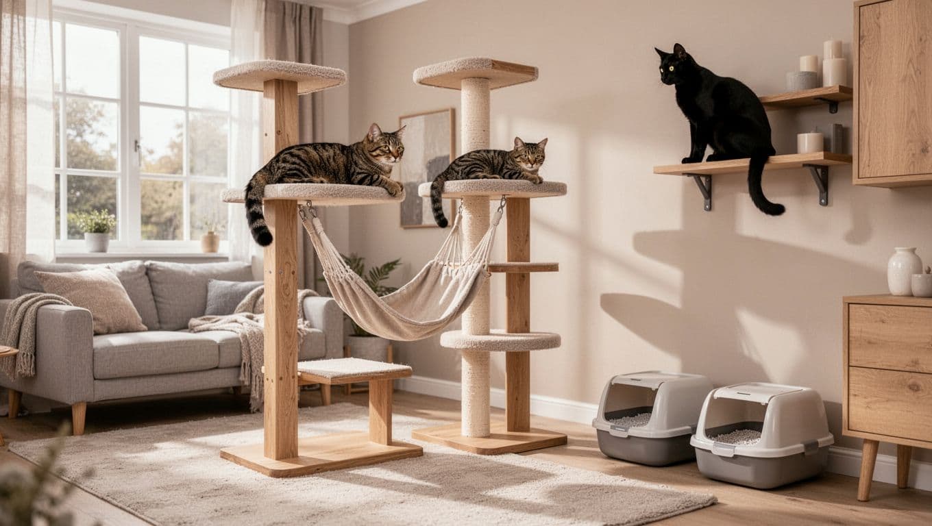 In a bright Scandinavian living room with light wood furniture and natural light, a tabby cat rests on a modern wooden cat tree while a black cat perches on nearby wall-mounted shelves, with open litter boxes on the floor in quiet corners.