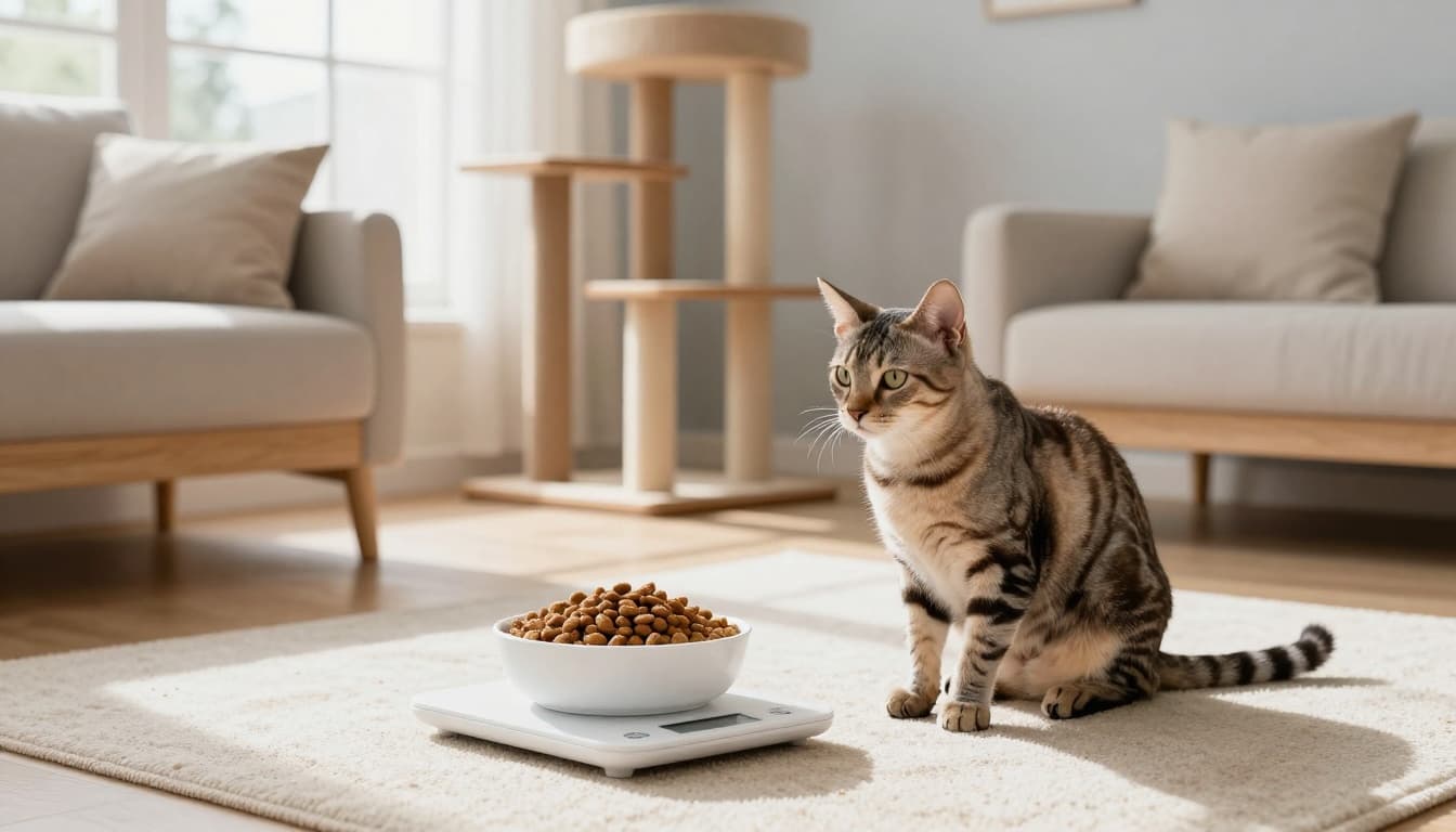 A sleek adult sterilized tabby cat sits calmly near a white ceramic bowl with exactly 50 grams of dry cat kibble, measured on a digital scale, in a bright minimalist Scandinavian living room with a Meowood cat tree.