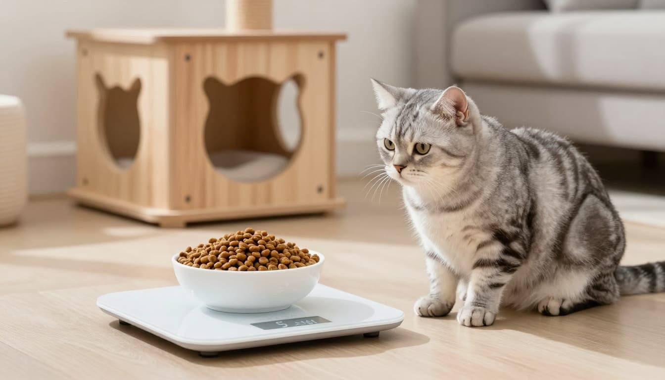 A calm adult sterilized tabby cat weighing exactly 5 kg on a digital scale next to a white ceramic bowl with 60 grams of dry kibble, set in a bright Scandinavian interior with minimalist decor and a wooden Meowood cat tree.