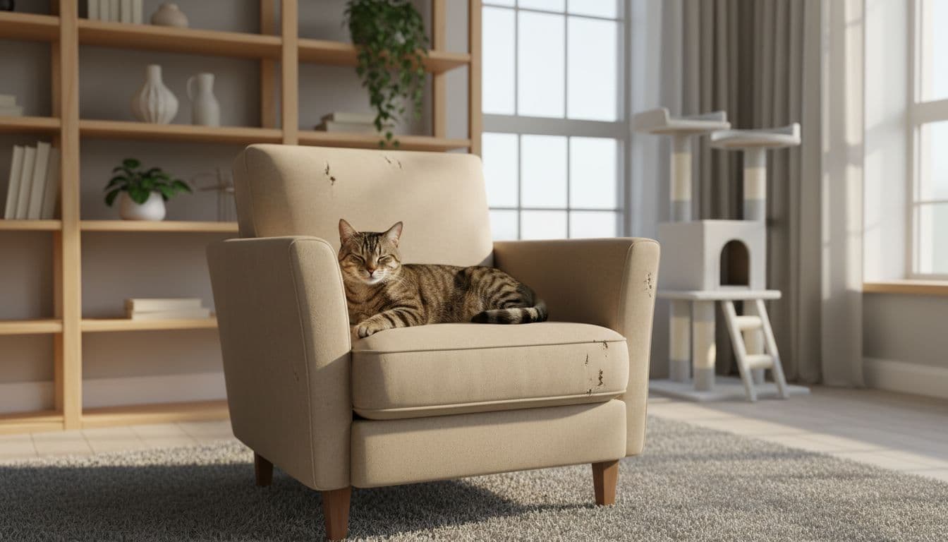 Warm natural light illuminates a serene Scandinavian living room where an adult tabby cat lounges possessively on its worn favorite armchair, ignoring a new multi-level cat tree nearby.