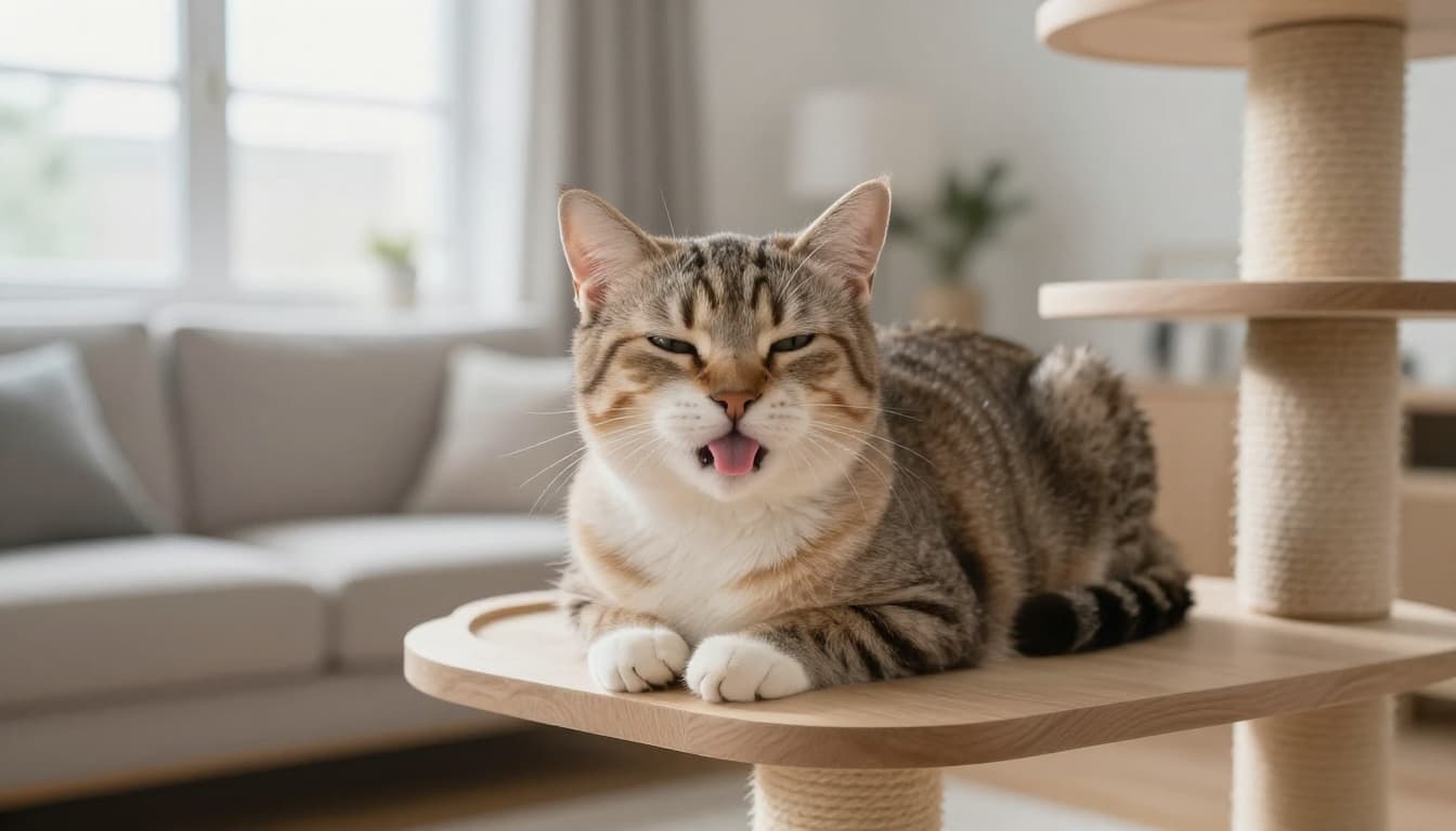 In a bright minimalist Scandinavian living room, a relaxed short-haired tabby cat rests on a wooden cat tree with a cute pink tongue blep and half-closed eyes.