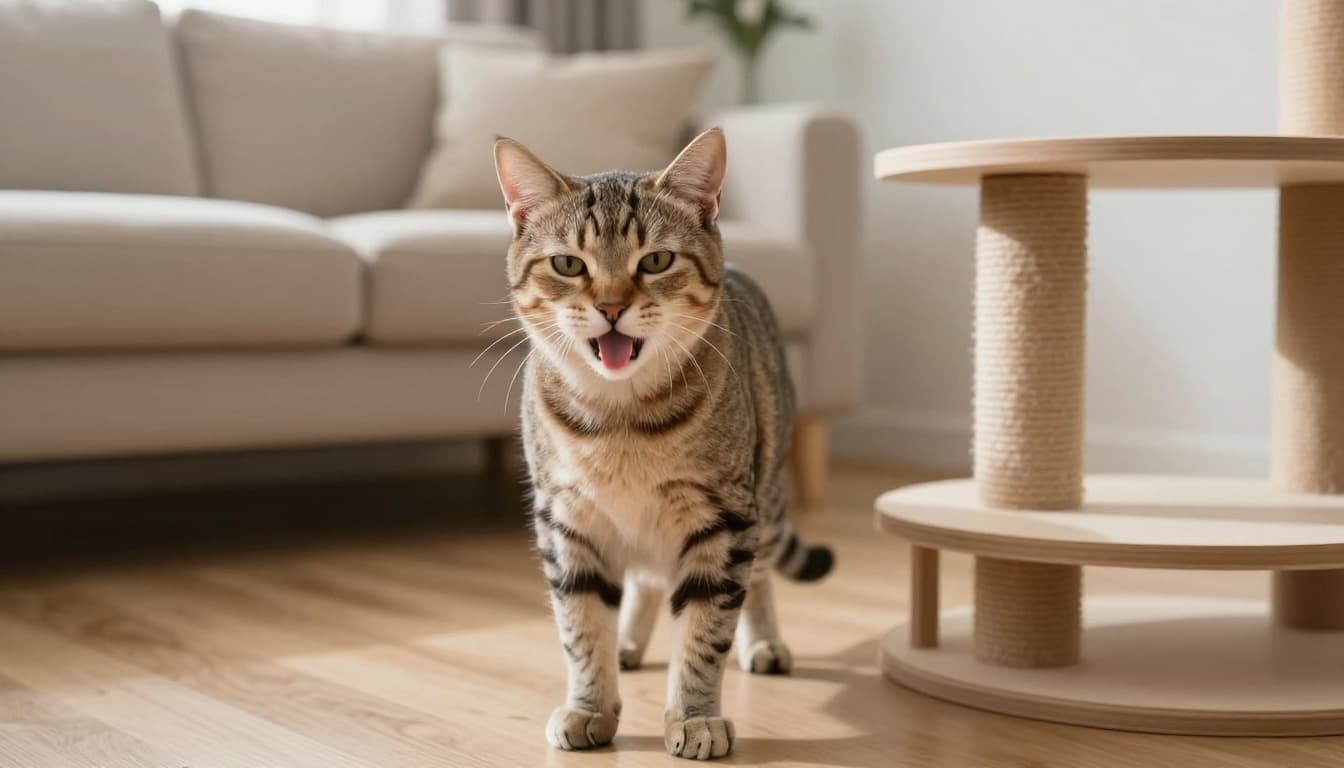 A short-haired tabby cat exhibits signs of difficult breathing with head extended and tongue visible while resting paws on a wooden cat tree in a bright, modern Scandinavian living room with minimalist decor and cozy atmosphere.