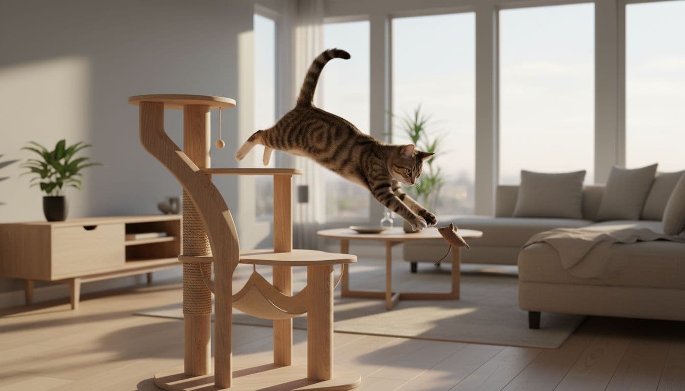 In a minimalist Scandinavian living room with warm evening light, an adult tabby cat dynamically chases a toy mouse across a wooden cat tree featuring platforms, hammock, and scratching posts.