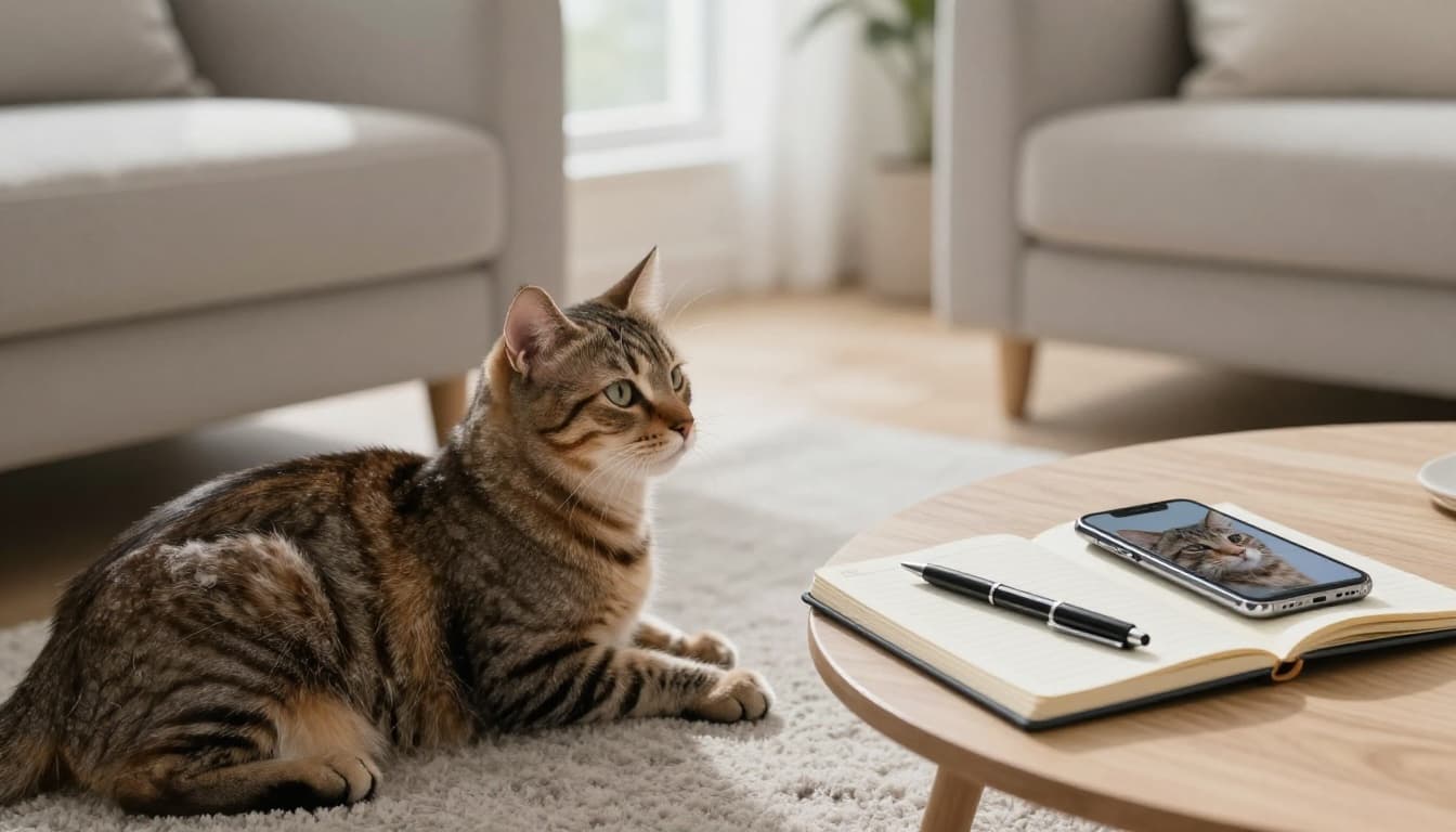 A relaxed tabby cat with visible dandruff on its back rests on a light gray rug in a bright minimalist Scandinavian living room, with a notebook and smartphone nearby displaying close-up photos of the flaky skin for vet visit prep.