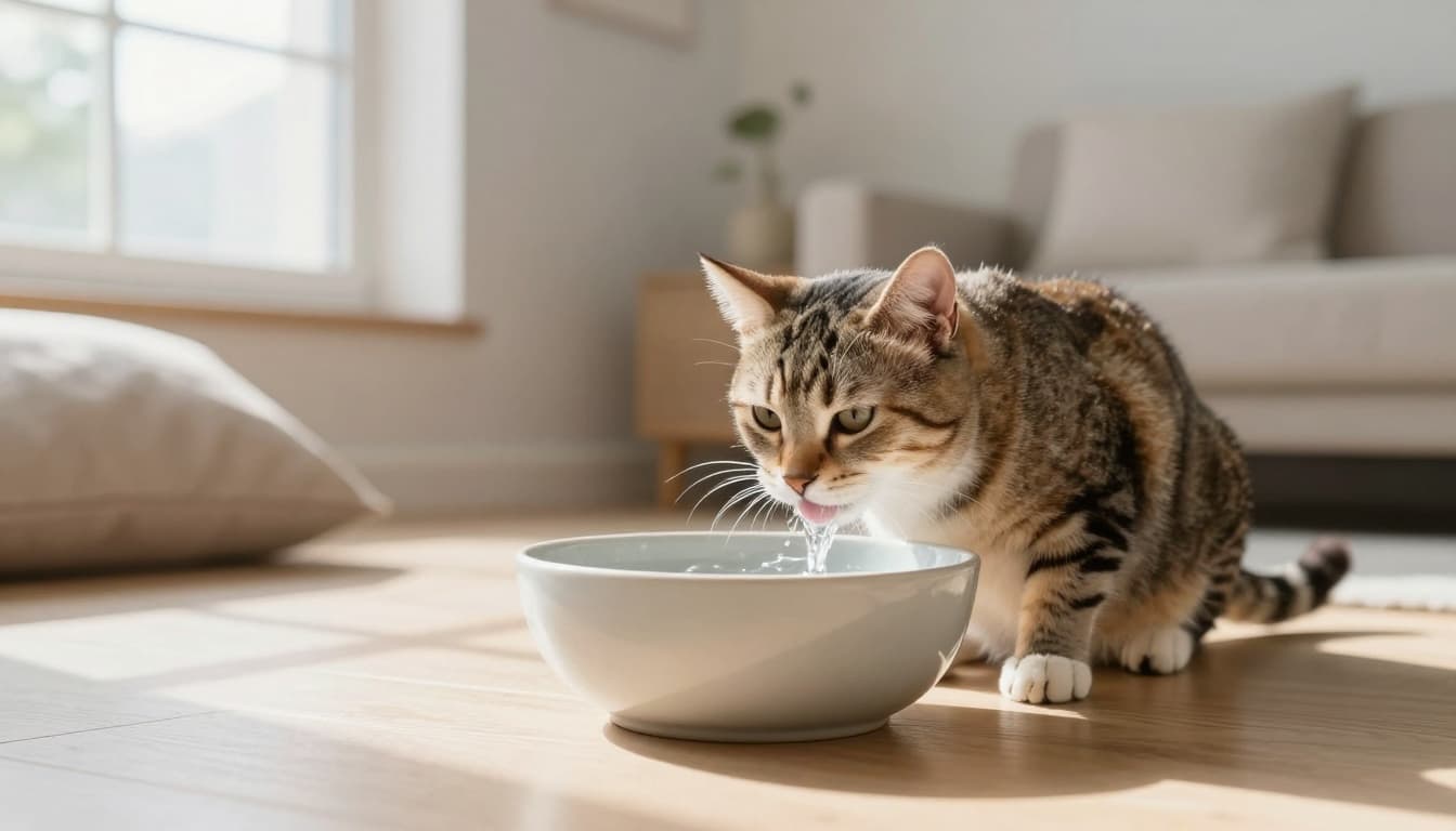 An elegant tabby cat eagerly drinks water from a large ceramic bowl on a light wood floor in a bright minimalist Scandinavian living room with natural sunlight and cozy neutral tones.
