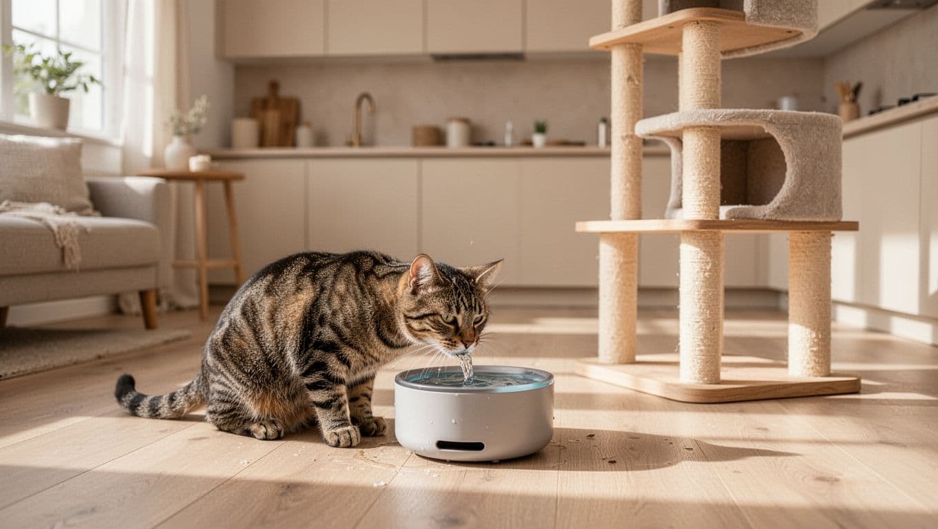 A smooth tabby cat drinks from a modern pet water fountain in a bright minimalist Scandinavian kitchen-living area with neutral tones, light wood floors, and natural light. A premium wooden cat tree stands nearby, evoking a cozy, pet-friendly mood with soft depth of field on the relaxed cat.