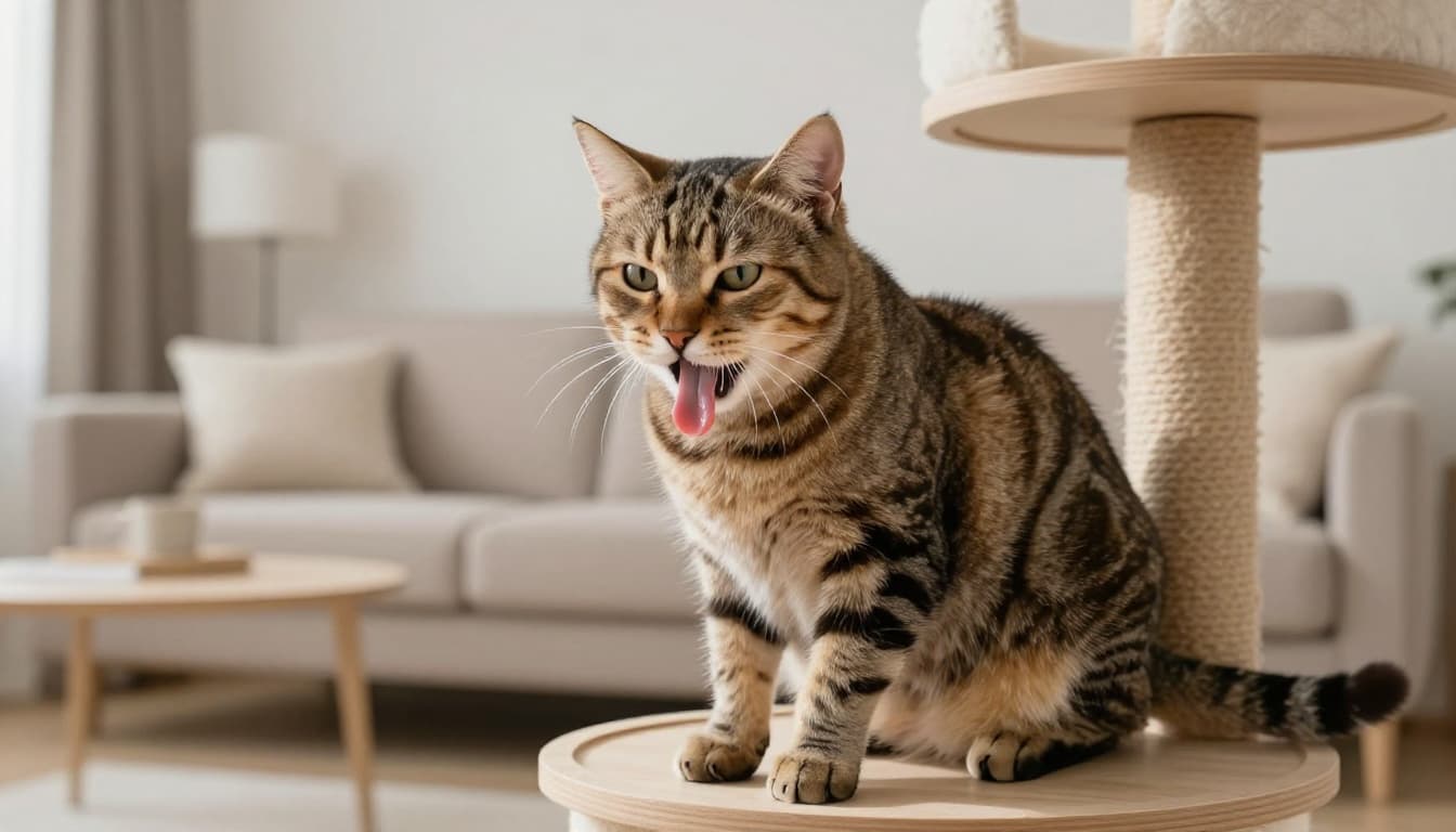 A tabby cat shows sudden illness with excessive drooling, tongue out, nearby vomiting, trembling, and weakness on a wooden cat tree in a cozy minimalist Scandinavian living room. Premium realistic photo with bright natural light, neutral tones, and soft focus on the cat's distressed expression.