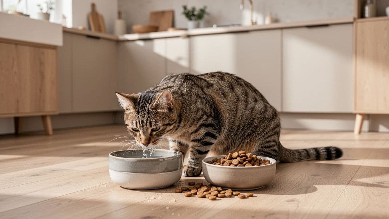 A healthy adult tabby cat in relaxed pose drinks fresh water from a modern ceramic bowl and eats premium kibble from another bowl on the wooden floor of a bright Scandinavian kitchen with minimalist neutral decor and natural light.