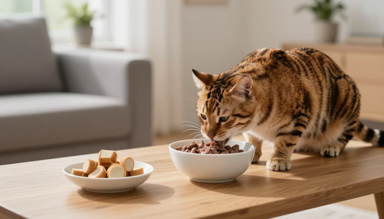 A tabby cat enjoys wet food from a white porcelain bowl on a light wood coffee table in a bright, minimalist Scandinavian interior, with fresh water and dry kibble nearby.