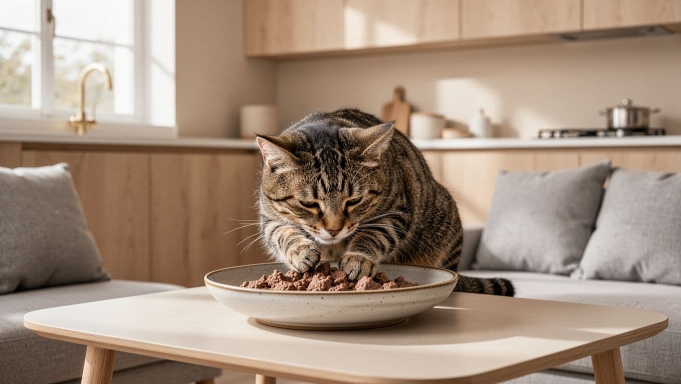Exactly one adult tabby cat calmly eating small portions of wet food from a wide shallow ceramic bowl on a low table in a serene minimalist Scandinavian kitchen with bright natural light from a window, light wood cabinets, beige walls, and soft grey cushions nearby.