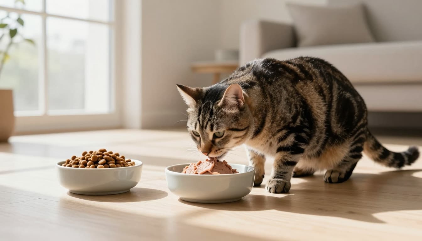 An elegant adult tabby cat eats a small portion of wet pâté from a modern ceramic bowl, with a bowl of dry kibble nearby, set on a light wooden floor in a bright, minimalist Scandinavian living room bathed in natural sunlight.