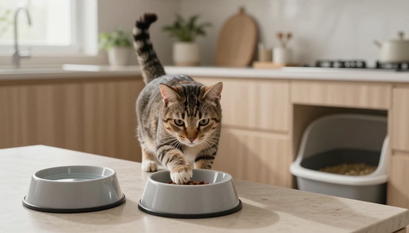 A curious tabby cat paws at an empty food bowl next to a water bowl and litter box in a bright modern Scandinavian kitchen.
