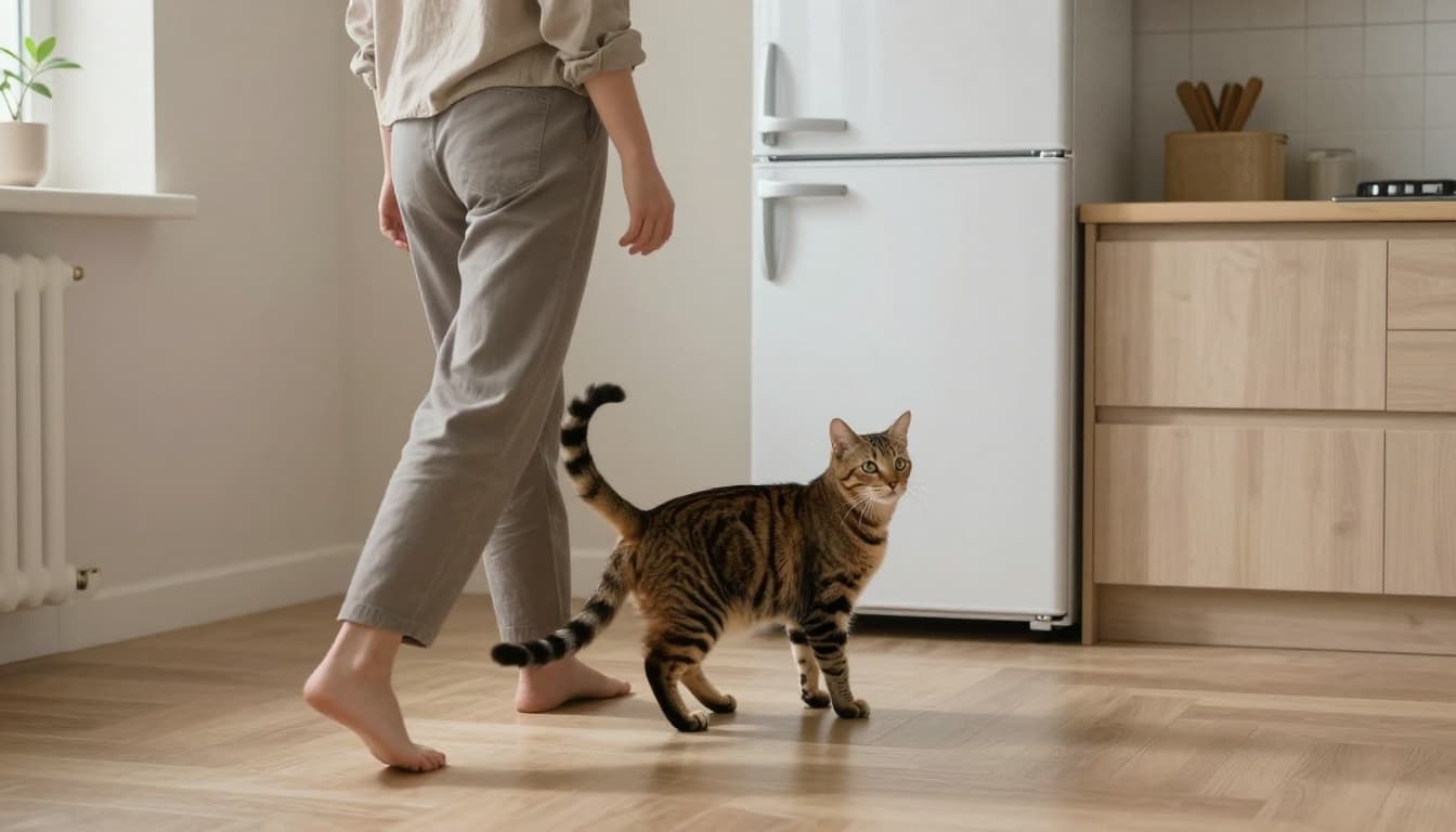 In a luminous Scandinavian interior with minimalist neutral tones and cozy atmosphere, a cat owner walks toward the kitchen fridge as their tabby cat follows closely, rubbing against their legs with a joyful raised tail.