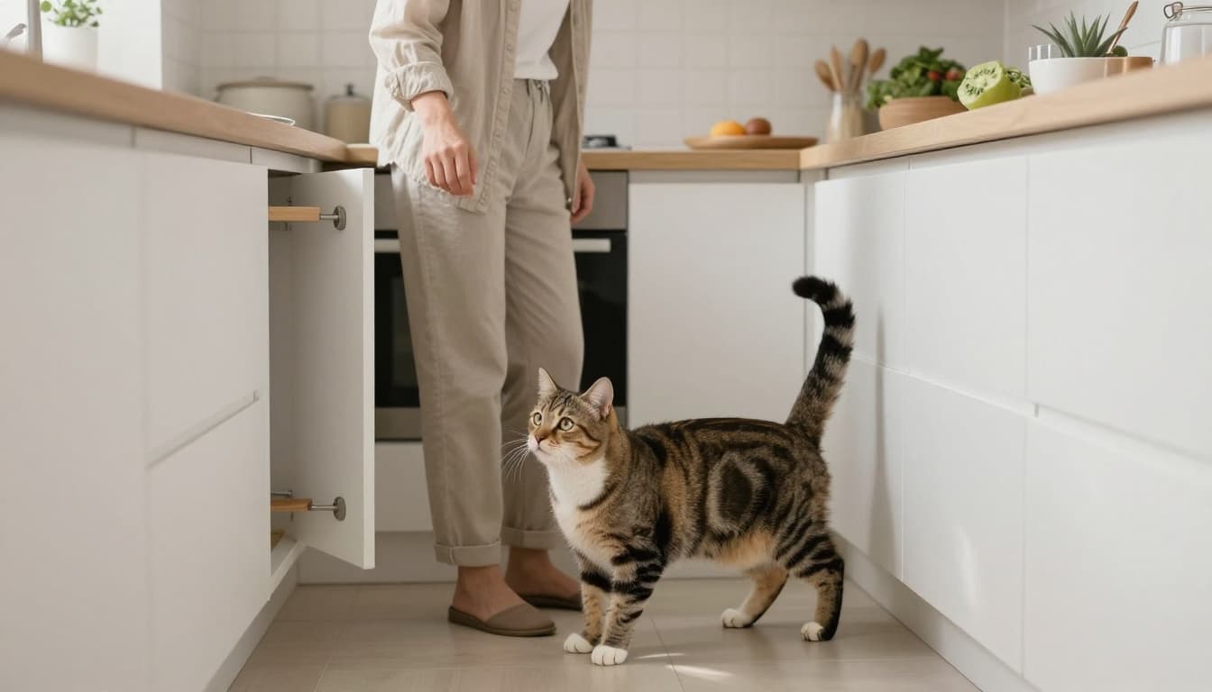 In a bright Scandinavian kitchen with natural light and minimalist design, a relaxed owner in casual clothes opens a cabinet while their elegant tabby cat follows closely at their feet, rubbing against the legs with tail raised high and eyes fixed expectantly. Warm cozy atmosphere with soft depth of field on the cat and hints of fresh ingredients in the background.