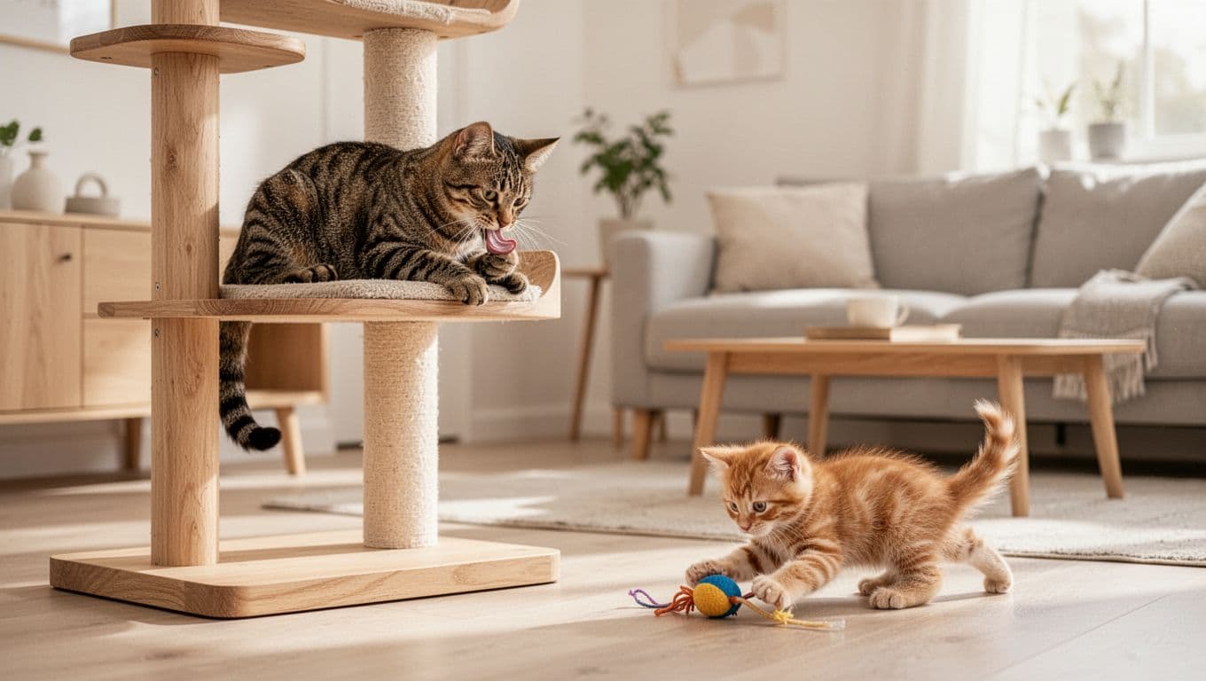Premium lifestyle photography in a bright Scandinavian interior featuring an adult tabby cat grooming calmly on a wooden cat tree perch while a ginger kitten plays quietly with a toy on the floor nearby.