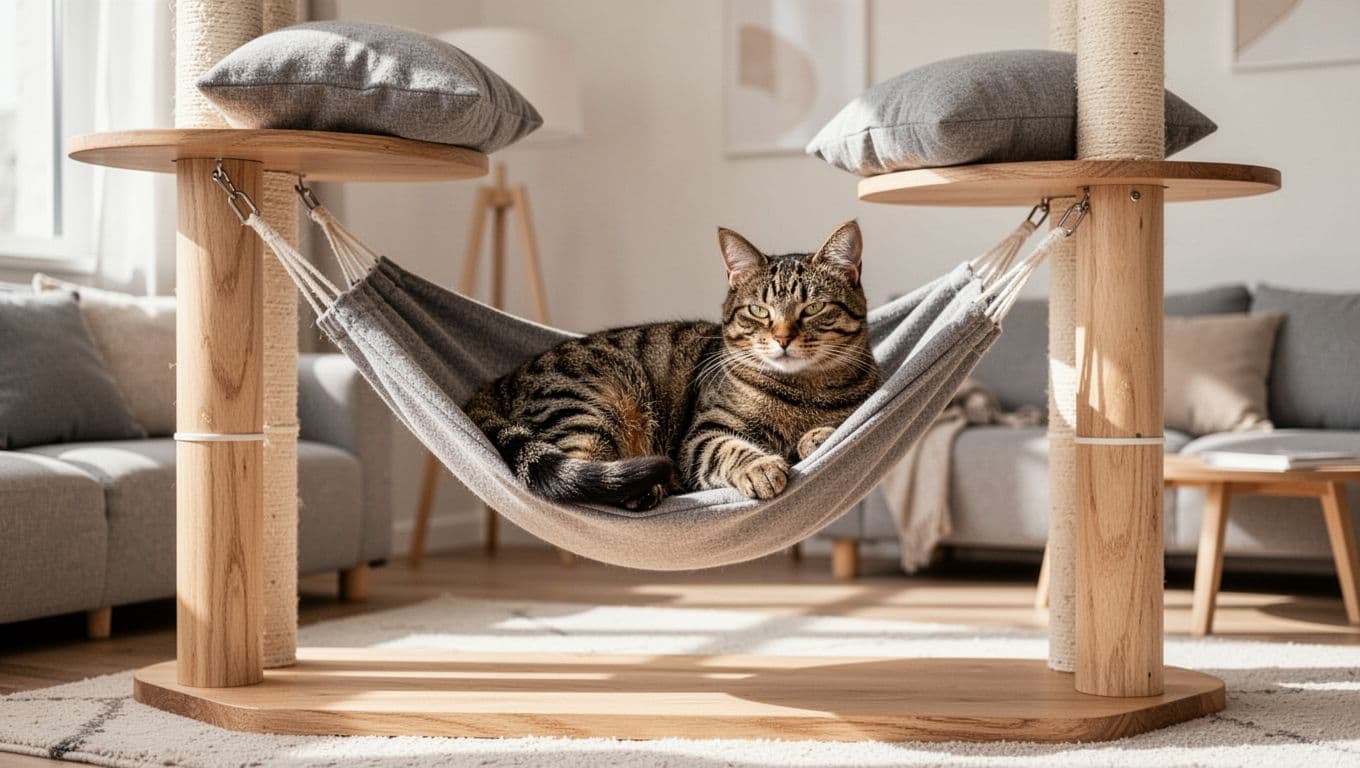 A healthy adult tabby cat relaxes calmly in a hammock on a premium wooden cat tree inside a cozy modern Scandinavian apartment with bright natural light and minimalist neutral decor.