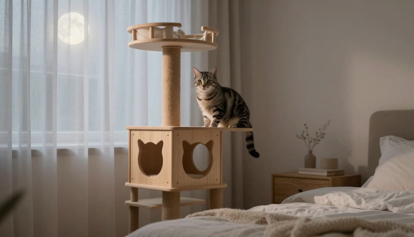 A sleek tabby cat briefly wakes at night on a high perch of an elegant light wooden cat tree in a cozy Scandinavian bedroom illuminated by soft moonlight through sheer curtains.