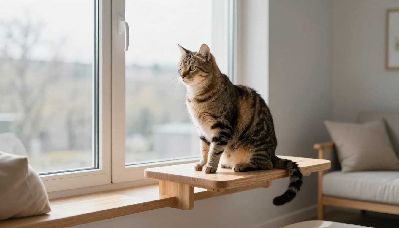 A robust mixed-breed tabby cat with healthy fur sits alertly on a high wooden perch near a large window in a bright minimalist Scandinavian living room, flooded with natural light.