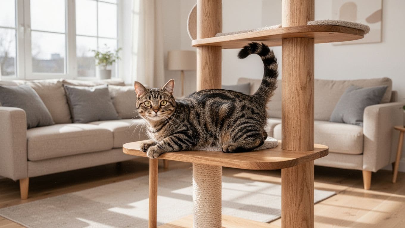 A beautiful tabby female cat displaying subtle signs of heat like arched back and raised tail, lying on a stylish wooden cat tree in a bright Scandinavian living room with minimalist decor.