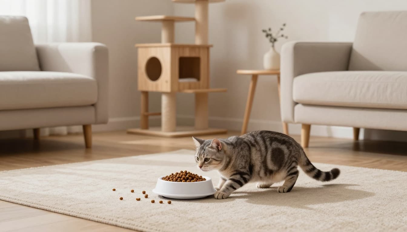 In a cozy modern Scandinavian living room bathed in soft natural light, an elegant tabby cat interacts playfully with a kibble puzzle feeder toy, with a stylish wooden Meowood cat tree in the background.