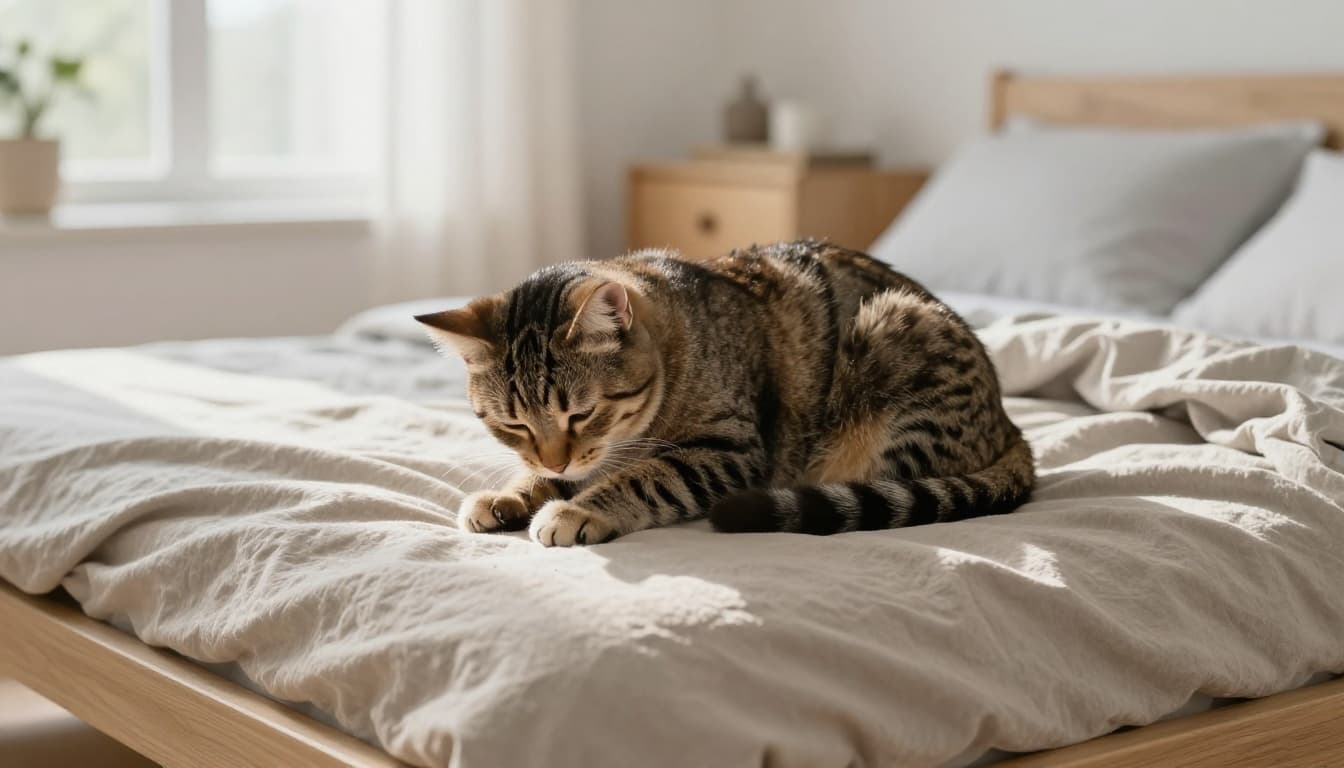 A relaxed tabby cat turns in circles and kneads a thick beige blanket on a low wooden bed platform in a bright Scandinavian bedroom with natural morning light. The scene captures the cat preparing a cozy nest with soft focus on paws and fur in a minimalist, serene atmosphere.