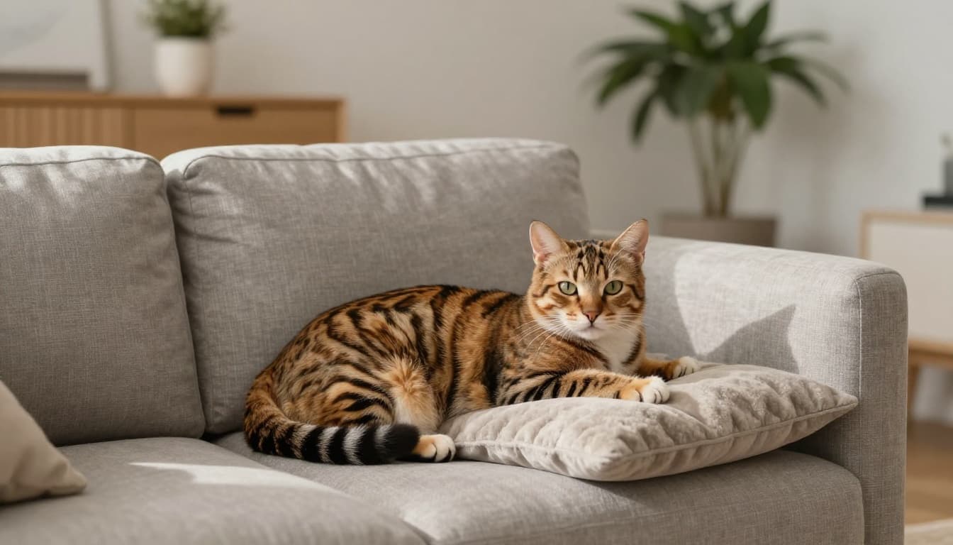 A tabby cat rhythmically kneads a soft, thick blanket on a light gray linen sofa cushion in a bright, minimalist Scandinavian living room filled with natural light and subtle green plants.