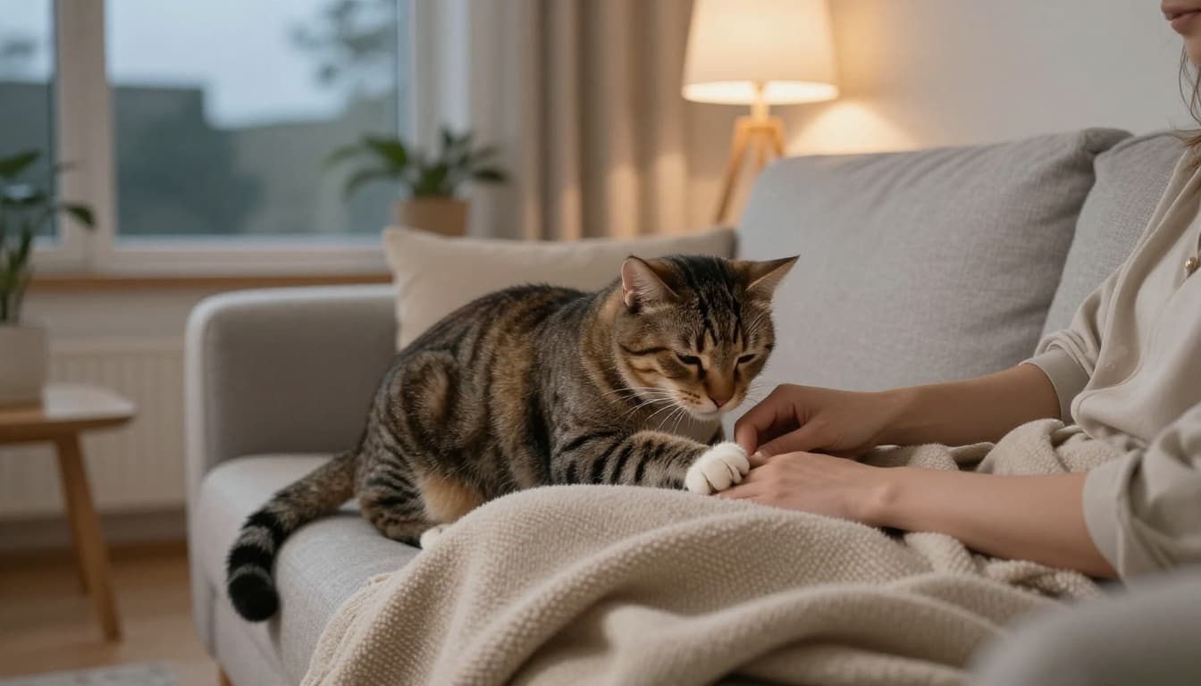 A relaxed tabby cat with soft fur gently kneads on a person's lap under a thick beige woolen blanket in a cozy Scandinavian living room during evening with warm lamp light.