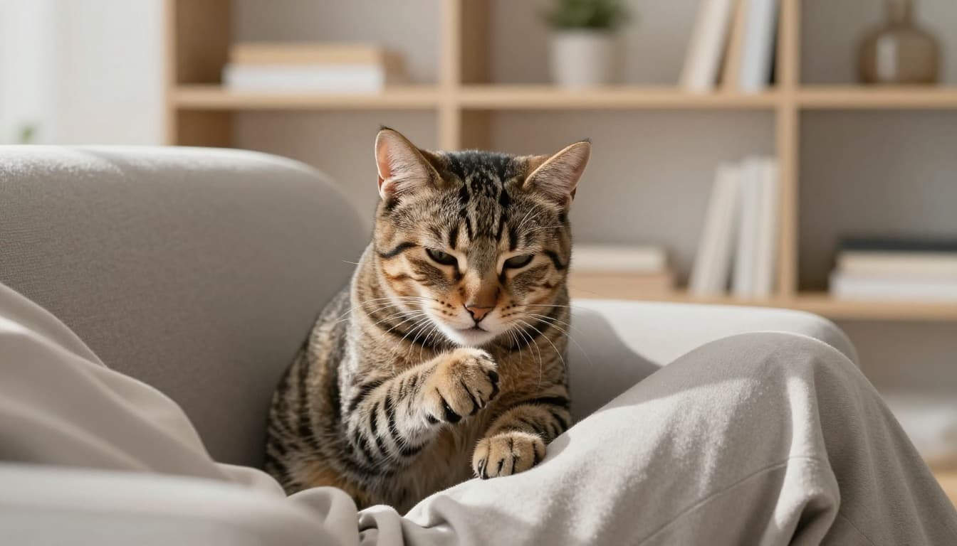 A tabby cat kneads its paws gently on a person's lap in a modern armchair amid a cozy Scandinavian interior with neutral tones and bright daylight.