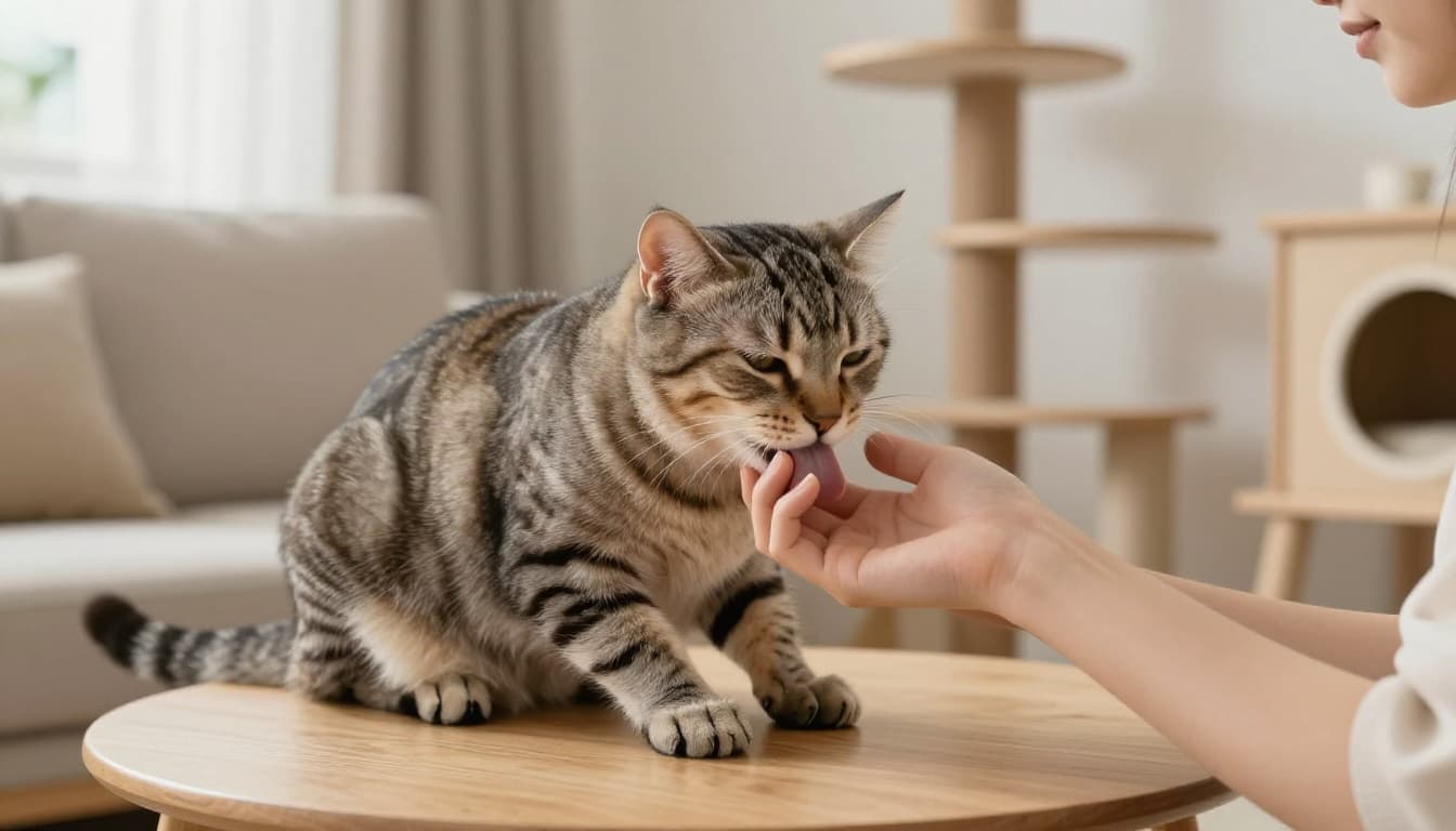 A calm tabby cat gently licks and nibbles a person's relaxed hand on a wooden side table in a sunny modern Scandinavian living room with minimalist decor and cozy atmosphere.