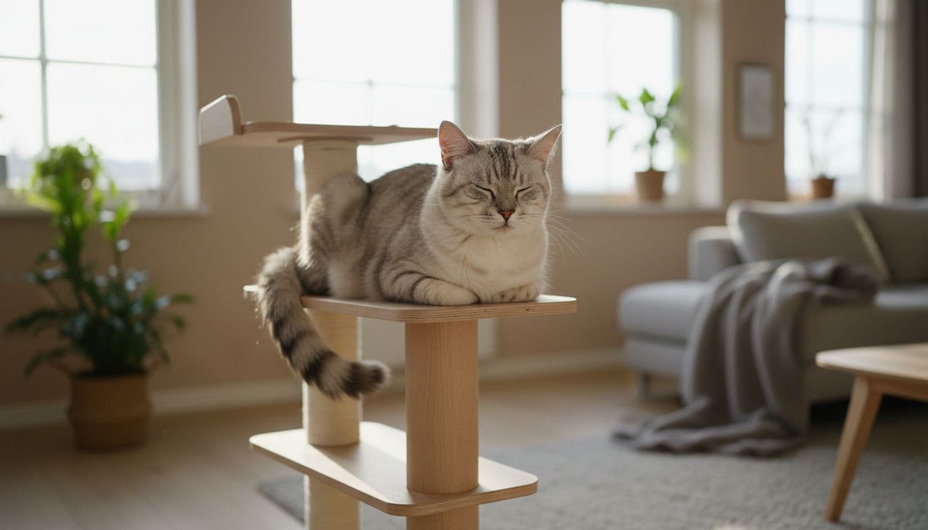 In a bright Scandinavian living room bathed in natural light with minimalist beige, light wood, and soft gray decor, an elegant tabby cat rests lightly on a wooden cat tree, ears twitching, eyes half-closed in vigilant calm.