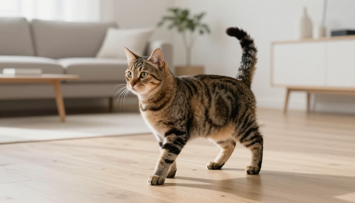 A female tabby cat in heat displays lordosis posture with raised rear and arched back in a modern minimalist Scandinavian living room.