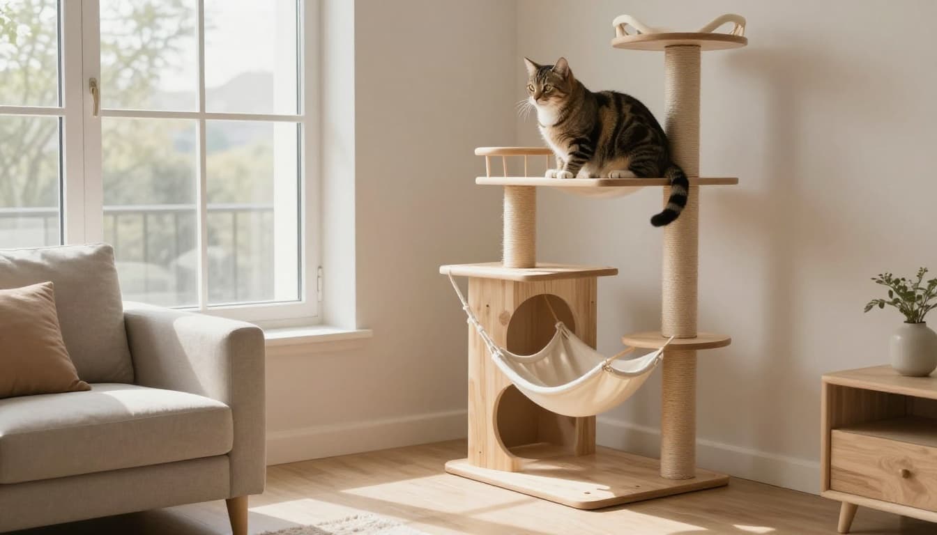 Premium lifestyle photo of a relaxed tabby cat lounging confidently on a solid wooden cat tree in a bright minimalist Scandinavian living room with natural light.