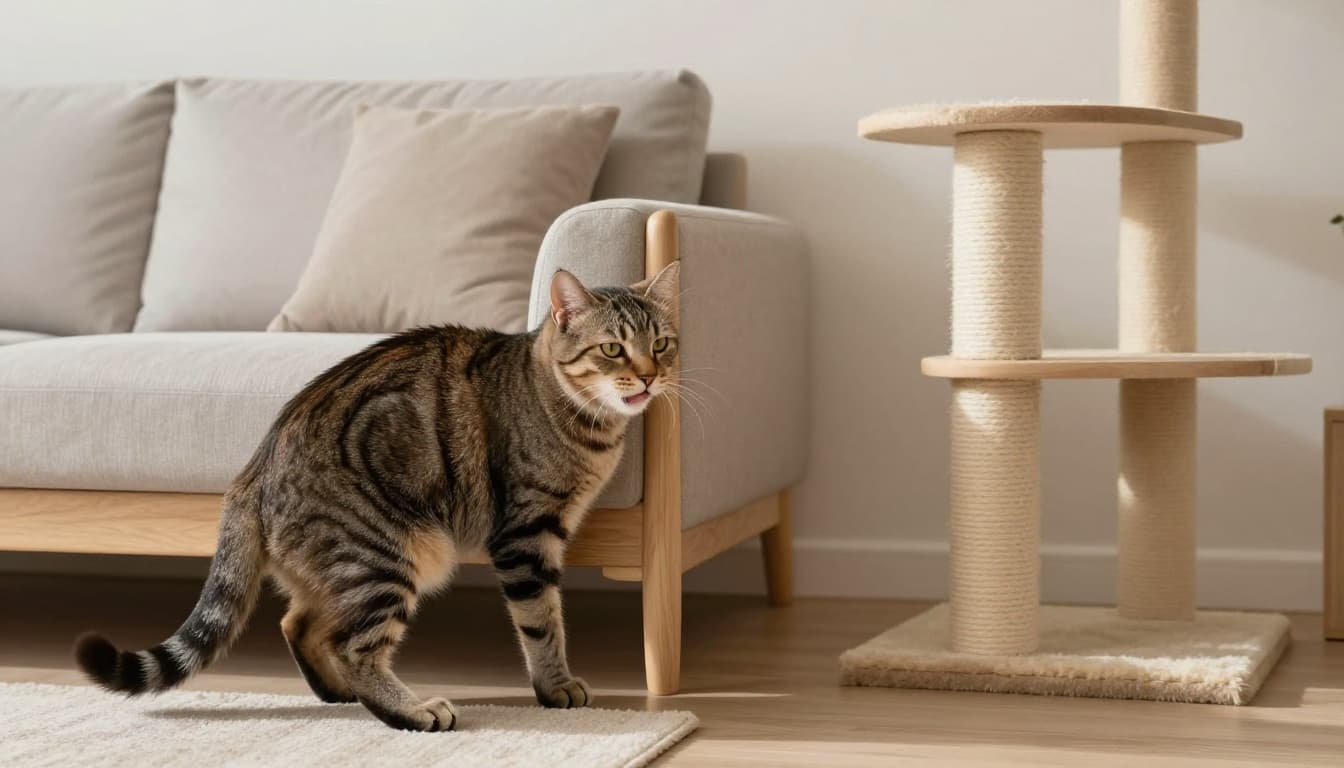 A content tabby cat rubs its cheeks and body on the corner of a light wood sofa and the base of a premium cat tree in a bright minimalist Scandinavian living room with natural light.
