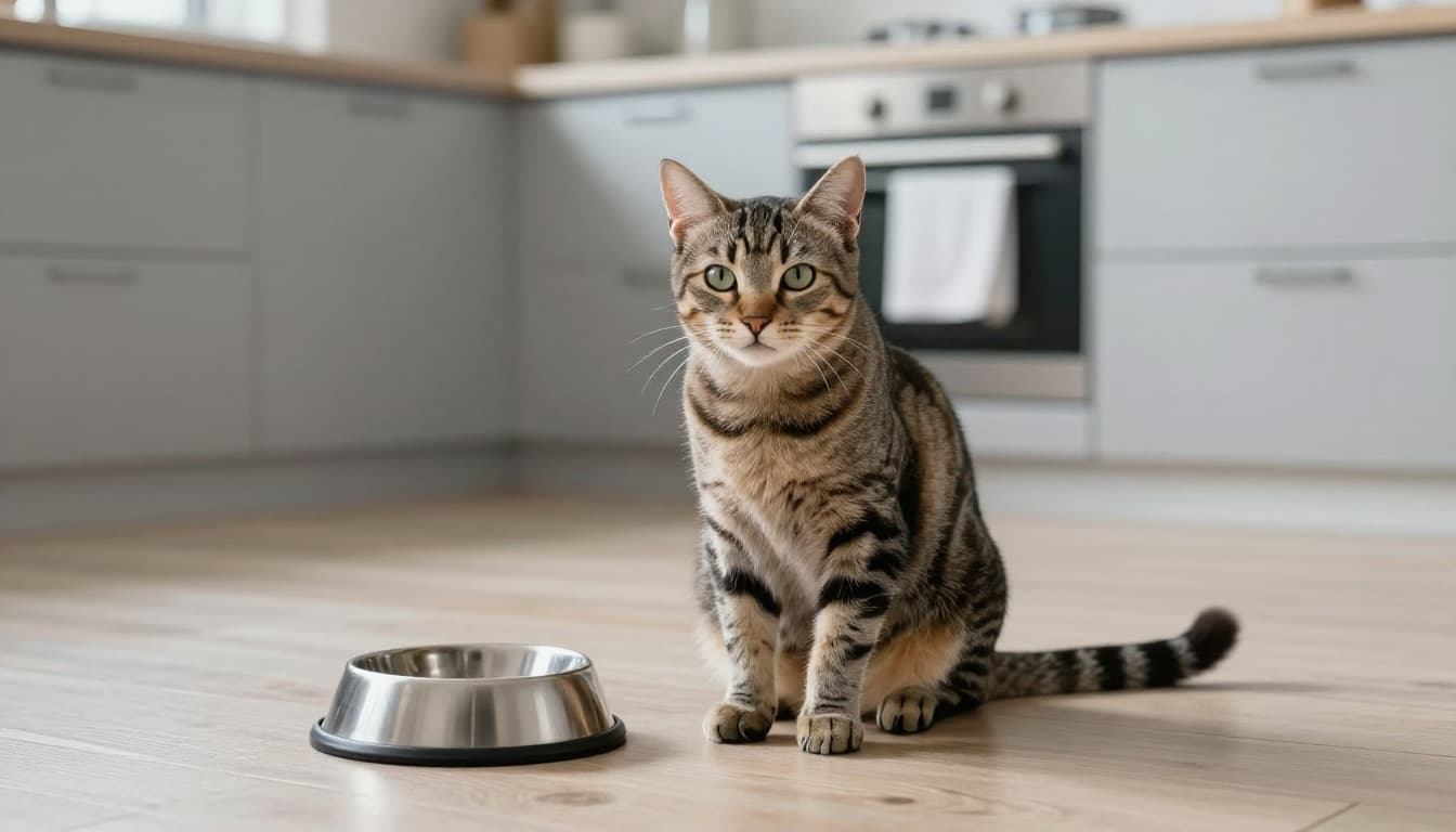 A sleek tabby cat meows insistently in front of an empty food bowl on the light wood floor of a modern Scandinavian kitchen, with bright natural morning light creating a cozy atmosphere.