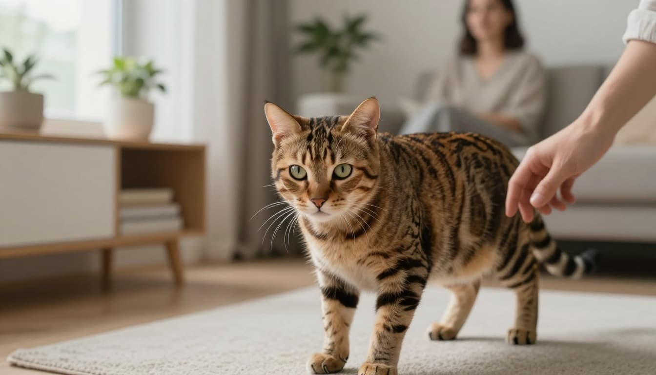A tabby domestic cat exhibits mild aggression with ears pinned back, dilated pupils, stiff body, and whipping tail near a cautiously approaching hand in a bright, minimalist Scandinavian living room bathed in soft natural light.