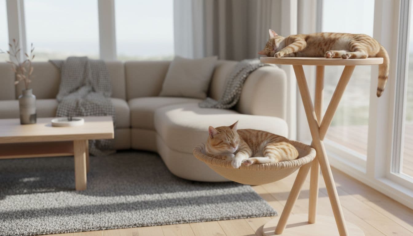 A relaxed tabby cat sleeps curled in a hammock and stretched on a platform of a wooden cat tree in a premium Scandinavian living room with minimalist beige wood and gray decor, bright natural light, and warm atmosphere.
