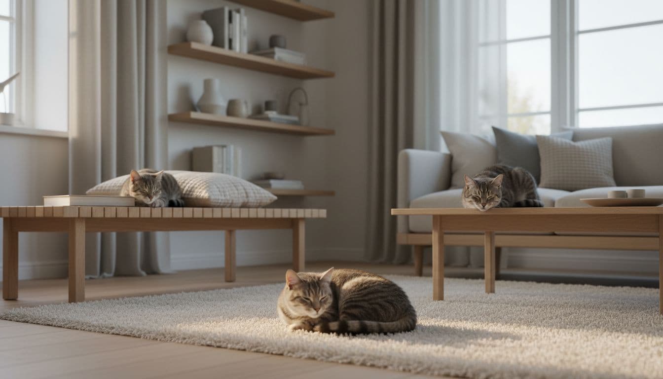 A gray tabby cat indulges in multiple naps—a quick one on a cushion, a pause on a high shelf, and a curled-up siesta on a fluffy rug—in a modern, cozy Scandinavian interior bathed in soft natural light with light wood furniture and neutral beige-gray tones.