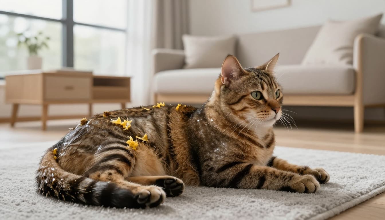 A relaxed tabby cat on a soft grey rug in a bright Scandinavian living room shows yellowish sticky dandruff flakes clumped in its oily fur, captured in premium realistic photography.