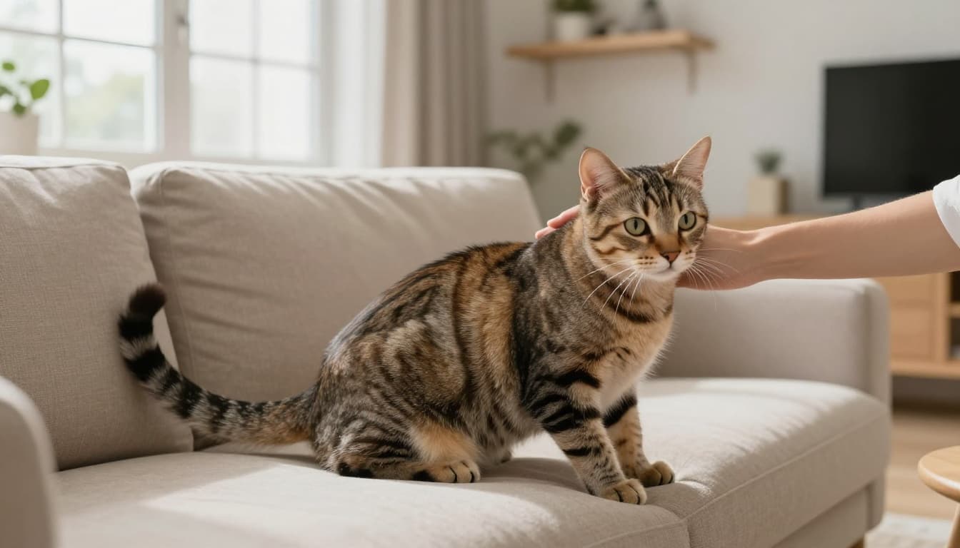 A tabby cat on a plush beige sofa in a bright Scandinavian living room shows early overstimulation from gentle petting: tail whipping, ears pivoting back, skin rippling, body tensing.
