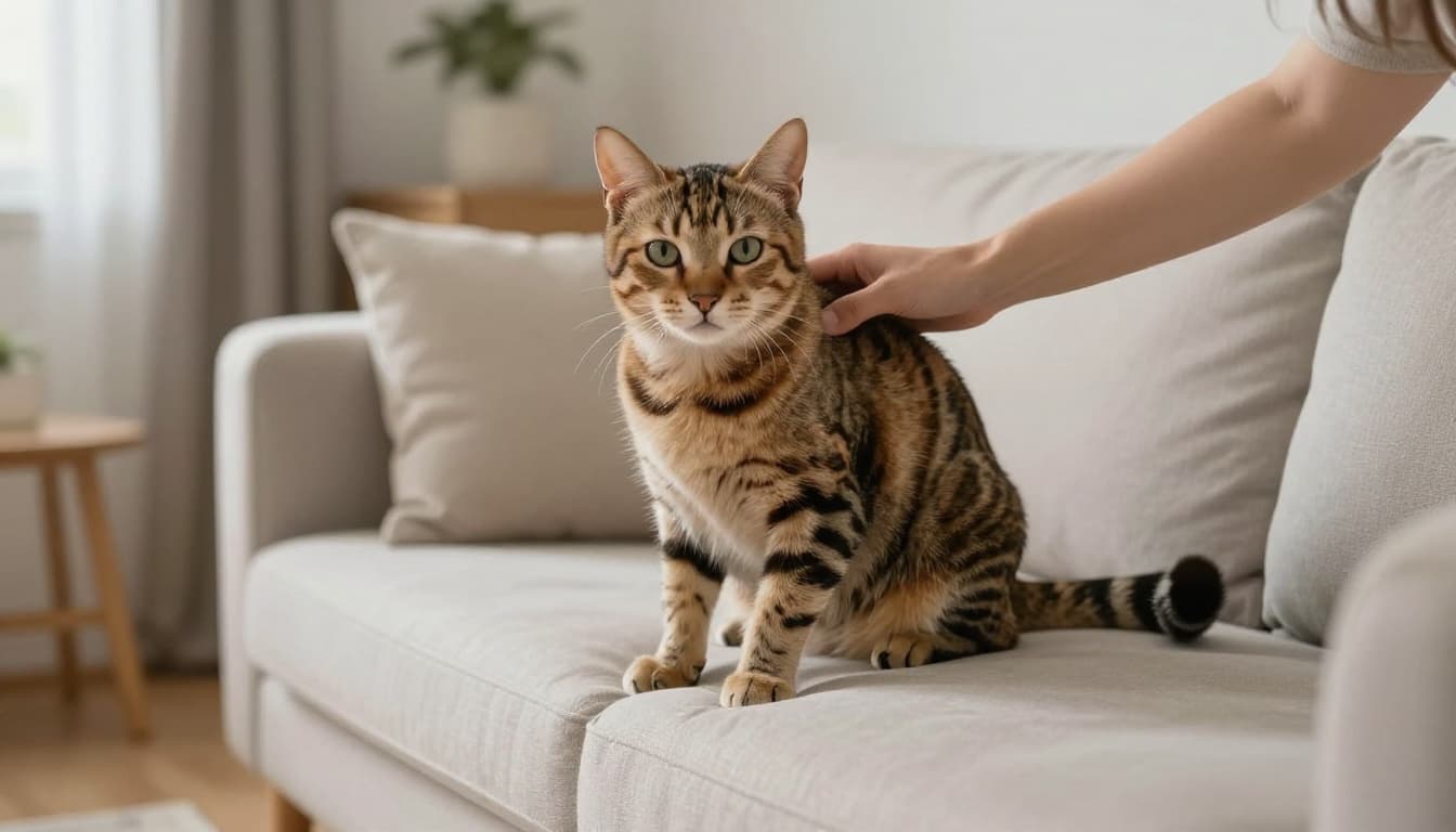 A tabby cat displays early signs of overstimulation from prolonged petting on a light wood sofa in a bright minimalist Scandinavian living room, with ears back, dilated pupils, and flicking tail.