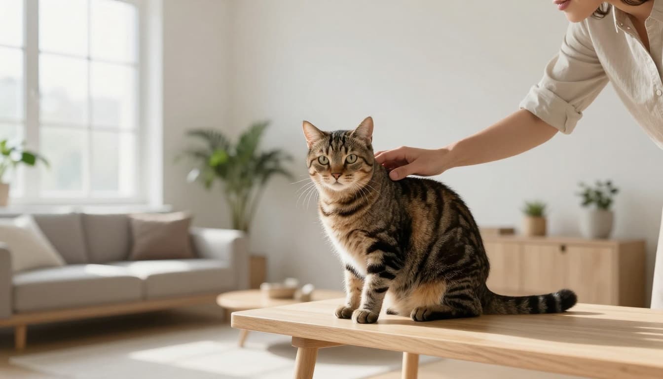 A caring owner gently strokes a healthy-looking tabby cat sitting on a light wood shelf in a modern Scandinavian living room filled with bright natural light and minimalist beige decor.
