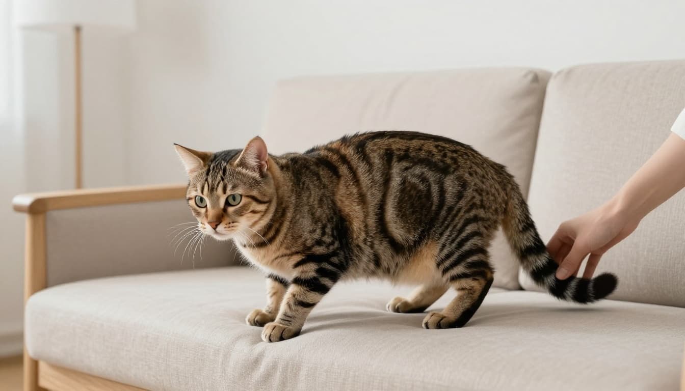 A tabby cat displays pain through arched back, flattened ears, low tail, dilated pupils, and defensive stance as a human hand nears its tail base on a light wood sofa in a bright minimalist Scandinavian living room.