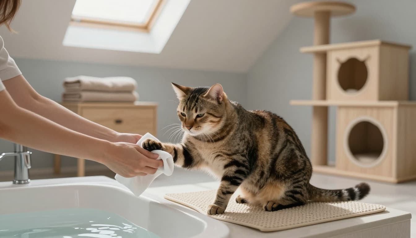 In a bright minimalist Scandinavian bathroom, a patient owner gently wipes the paw of a serene tabby cat using a soft damp cloth near a basin of warm water.