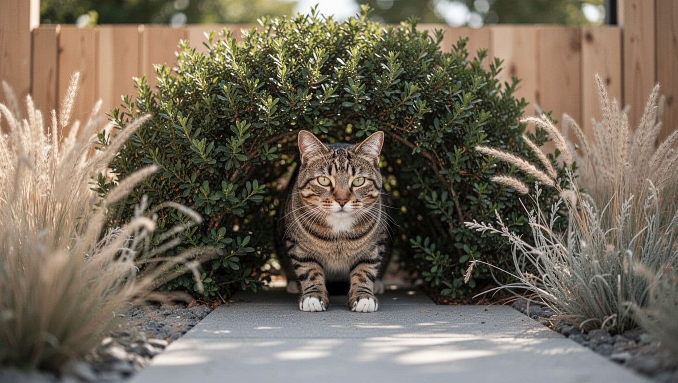 A tabby cat hides discreetly under a dense hedge in a modern Scandinavian garden, bathed in filtered natural light with soft shadows and a minimalist background of light wood fence and neutral beige-gray plants. The calm, mysterious atmosphere is captured in premium realistic lifestyle photography with shallow depth of field blurring the background.