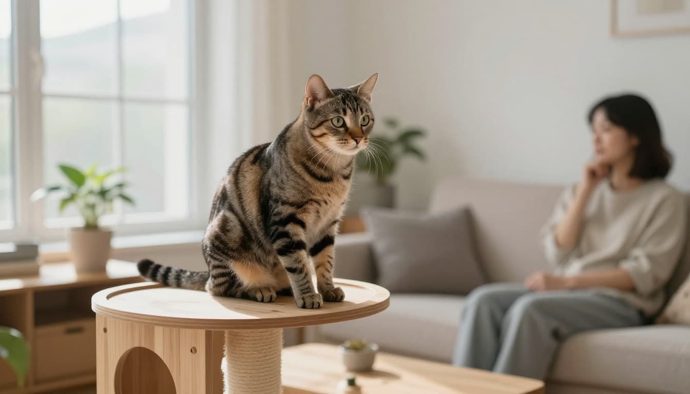 A sleek tabby cat perches on a premium wooden cat tree in a bright Scandinavian living room, gazing intently at a blurred person on a beige sofa amid minimalist decor and natural light.