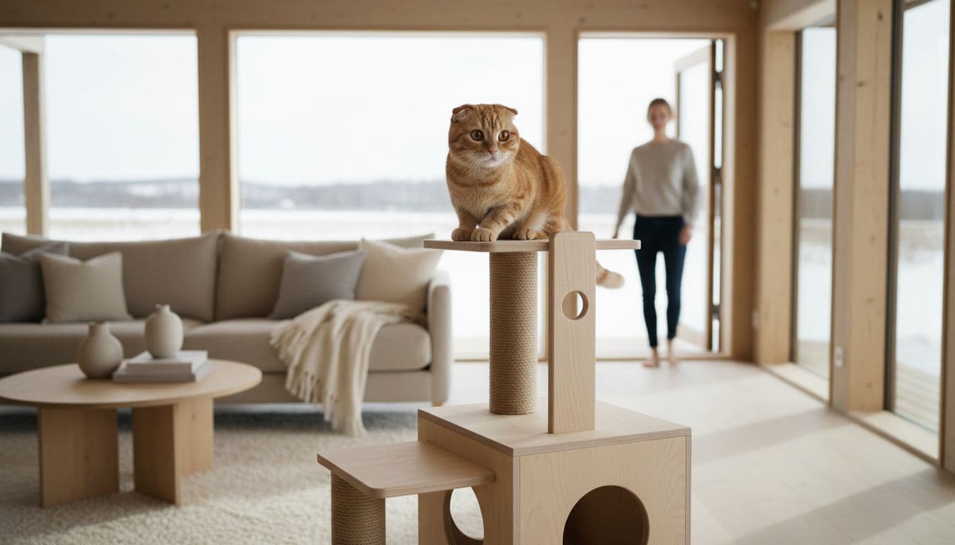 A cautious tabby cat perches on a stylish light wooden cat tree in a bright Scandinavian living room with natural light and minimalist decor. The cat gazes curiously toward a blurred figure entering the door, evoking a calm and tentative mood.