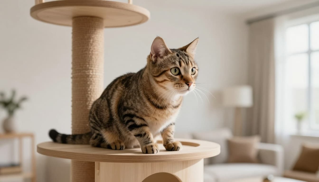 A sleek tabby cat perched attentively on a modern solid wood cat tree in a bright Scandinavian minimalist living room with soft natural light. The cat's ears are prominently perked, one turned sharply right and the other forward, highlighting their independent mobility.