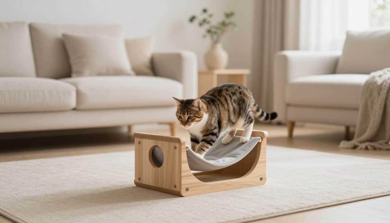A female tabby cat actively climbs and plays on a stable premium wooden cat tree with platforms, hammock, and scratching areas in a bright minimalist Scandinavian living room filled with natural light and cozy neutral tones.