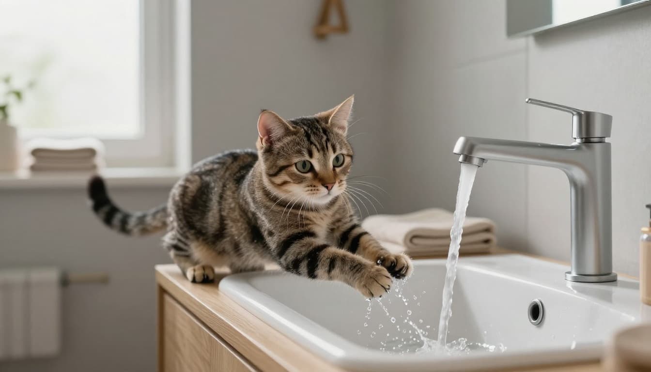 A curious short-haired tabby cat playfully paws at a gentle stream of water from a modern faucet while perched on the sink edge in a bright, minimalist Scandinavian bathroom.